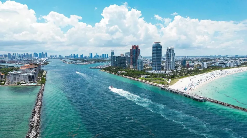 Aerial view of Miami Beach and the city skyline during a sunny day