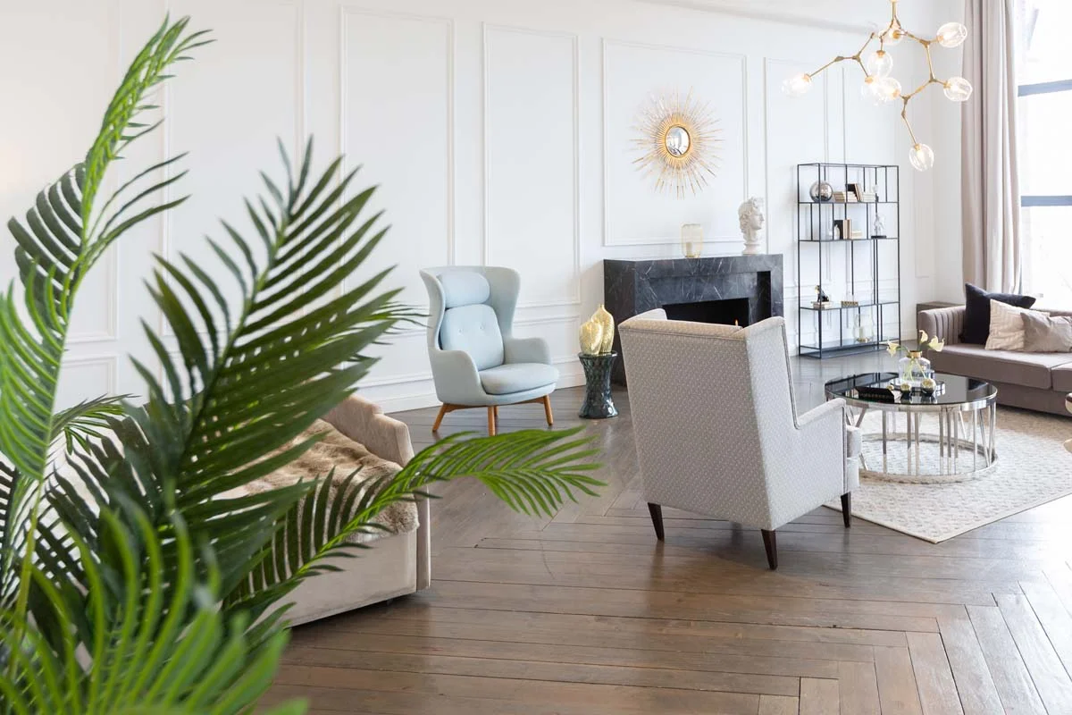 Modern luxury condo living room with high-end furniture and a scenic view