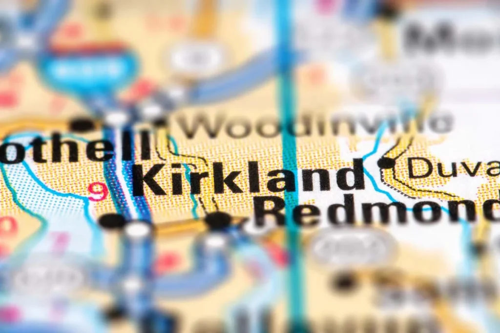 Kirkland on a USA road map. Close-up on printed road map