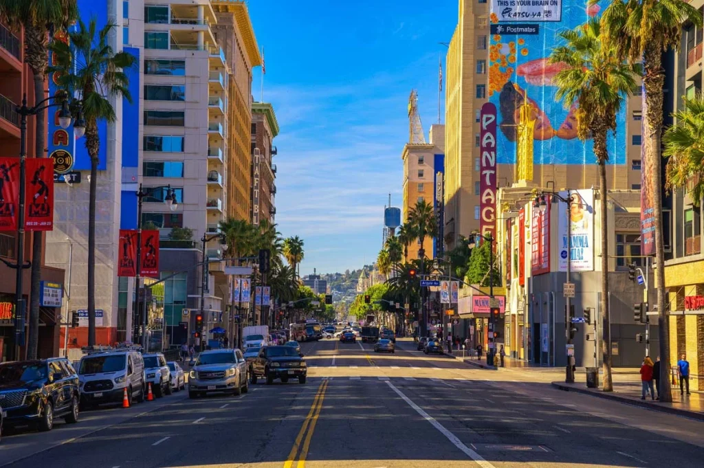 Sunny street with palm trees in Hollywood, Los Angeles, CA