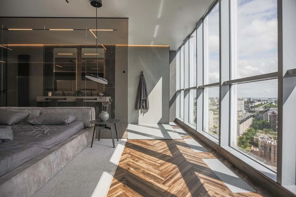 A modern interior of a luxury Airbnb condo in Toronto with a city view