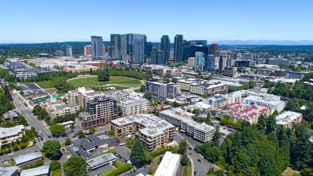 A scenic view of the Bellevue, WA, skyline with modern buildings