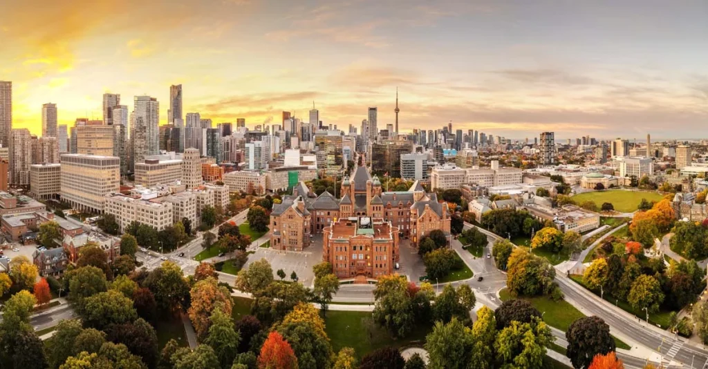 A sweeping view of the Toronto skyline featuring high-rise buildings