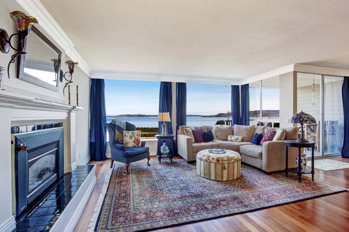 Bright and modern coastal-themed living room interior for a luxury short term rental