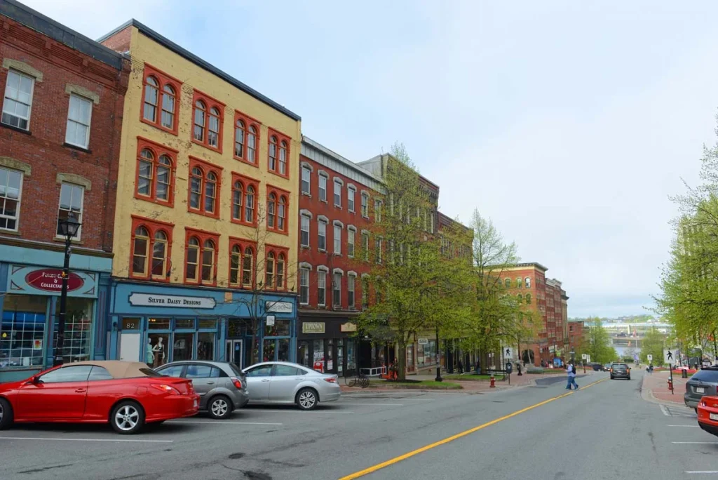 Historic buildings on King Street near King`s Square in downtown Saint John, New Brunswick, NB, Canada