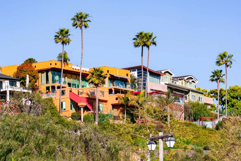 Houses up on a hill in a residential part of San Diego, California