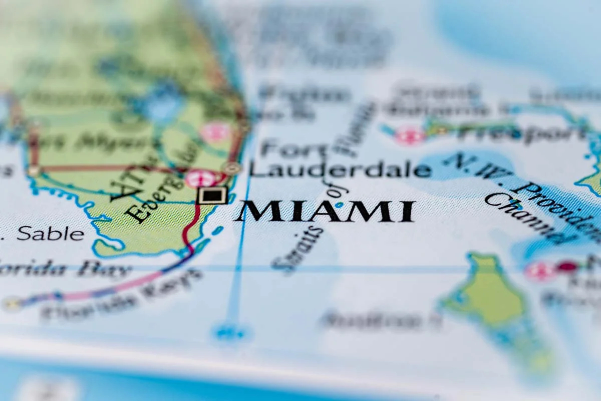 Miami, United States, highlighted on a world ma