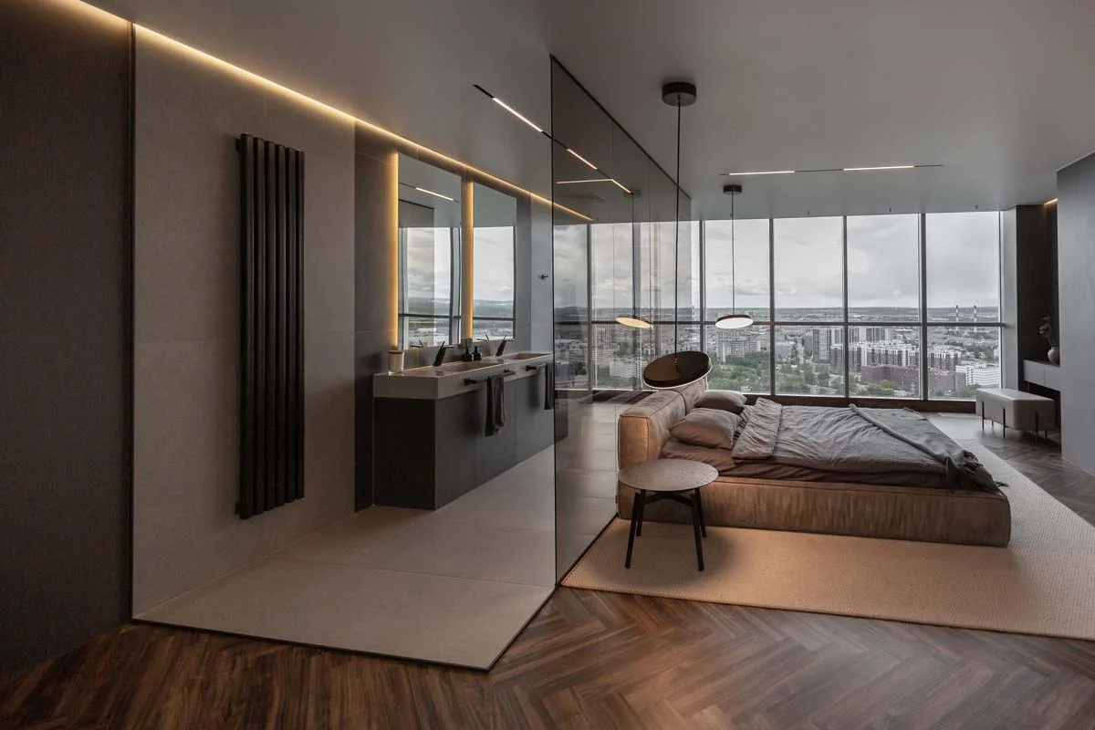 Modern luxury condo interior featuring a city view and stylish decor