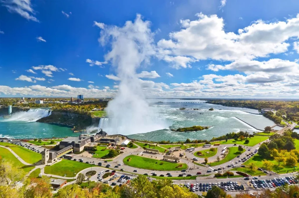Panorama of Niagara Falls on a sunny day