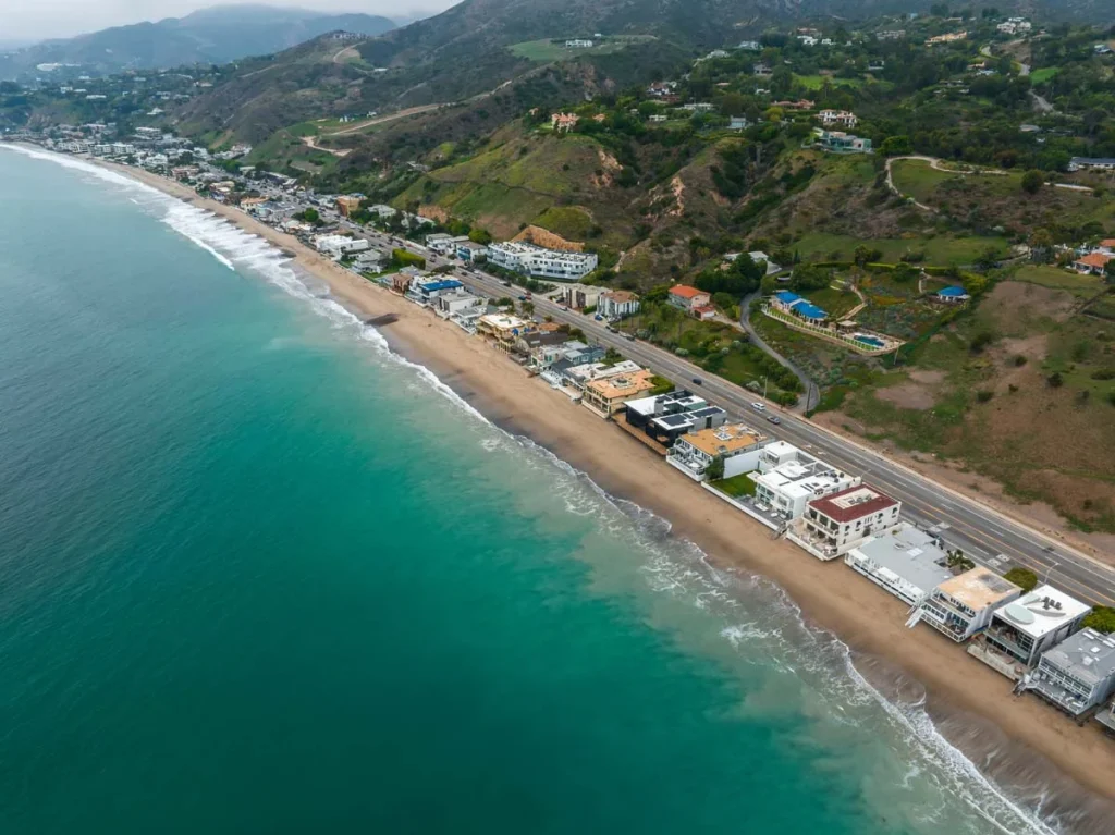Scenic view of the Malibu coastline featuring expensive houses near its shore
