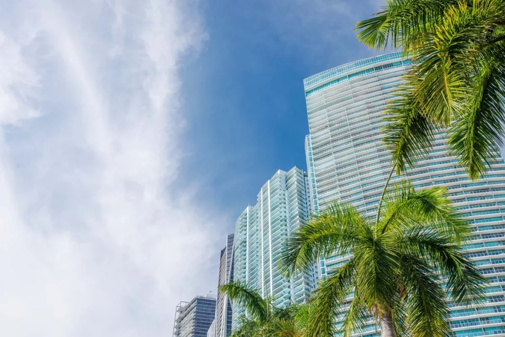 Sunny view of the Miami skyline and luxury high-rise buildings