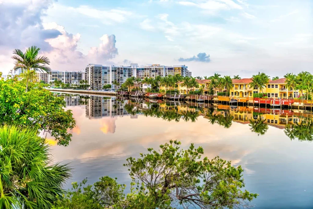 Sunrise view of the Hollywood Beach Broadwalk near condos in Hollywood Florida