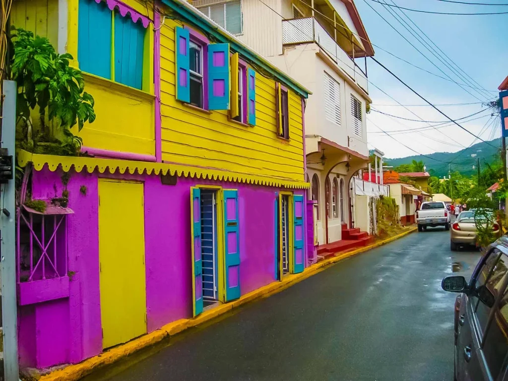 A charming street in Road Town with colorful Caribbean architecture