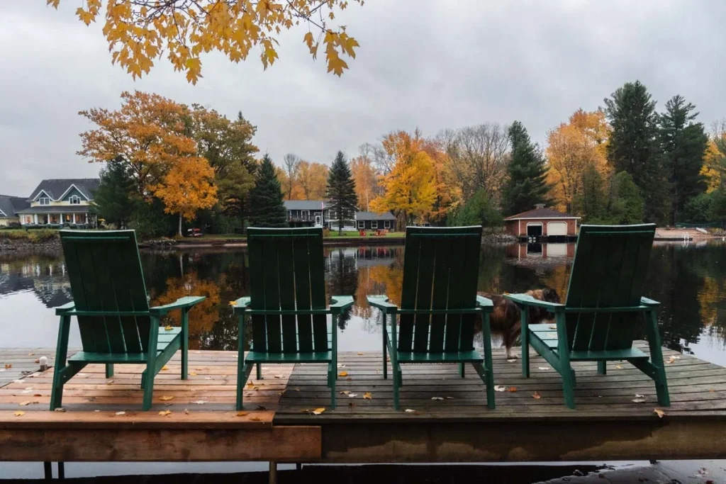 A dock on the Muskoka River in autumn, Ontario Canada