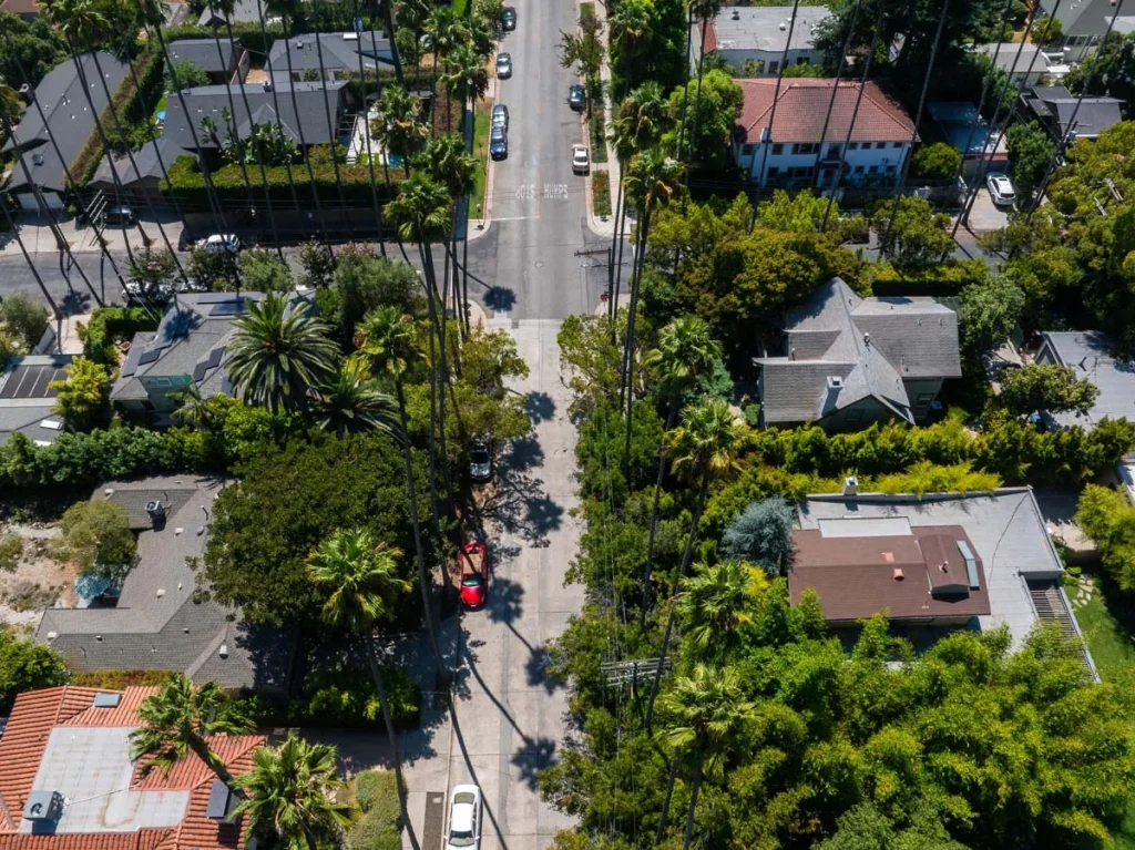 A peaceful residential street in Pasadena California featuring tall palm trees and charming homes