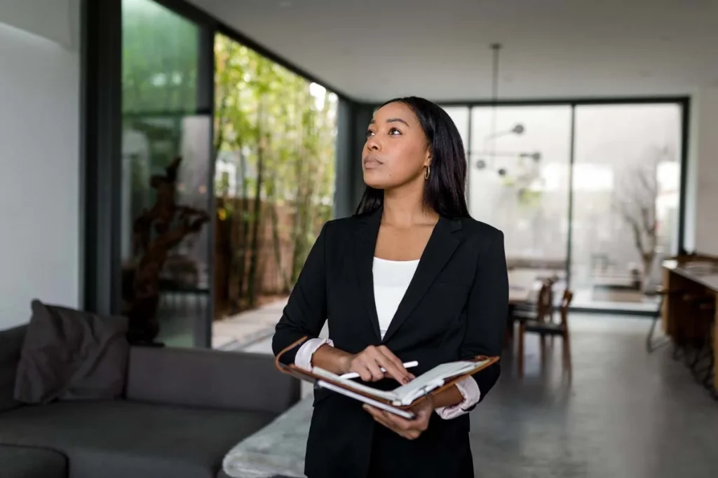 A professional property manager conducting a quality inspection inside a short-term rental home