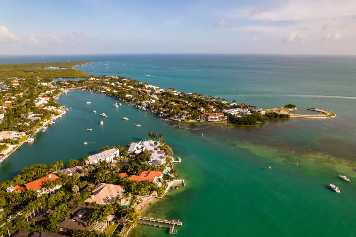 Aerial view of luxury coastal properties and beaches in Key Biscayne Florida