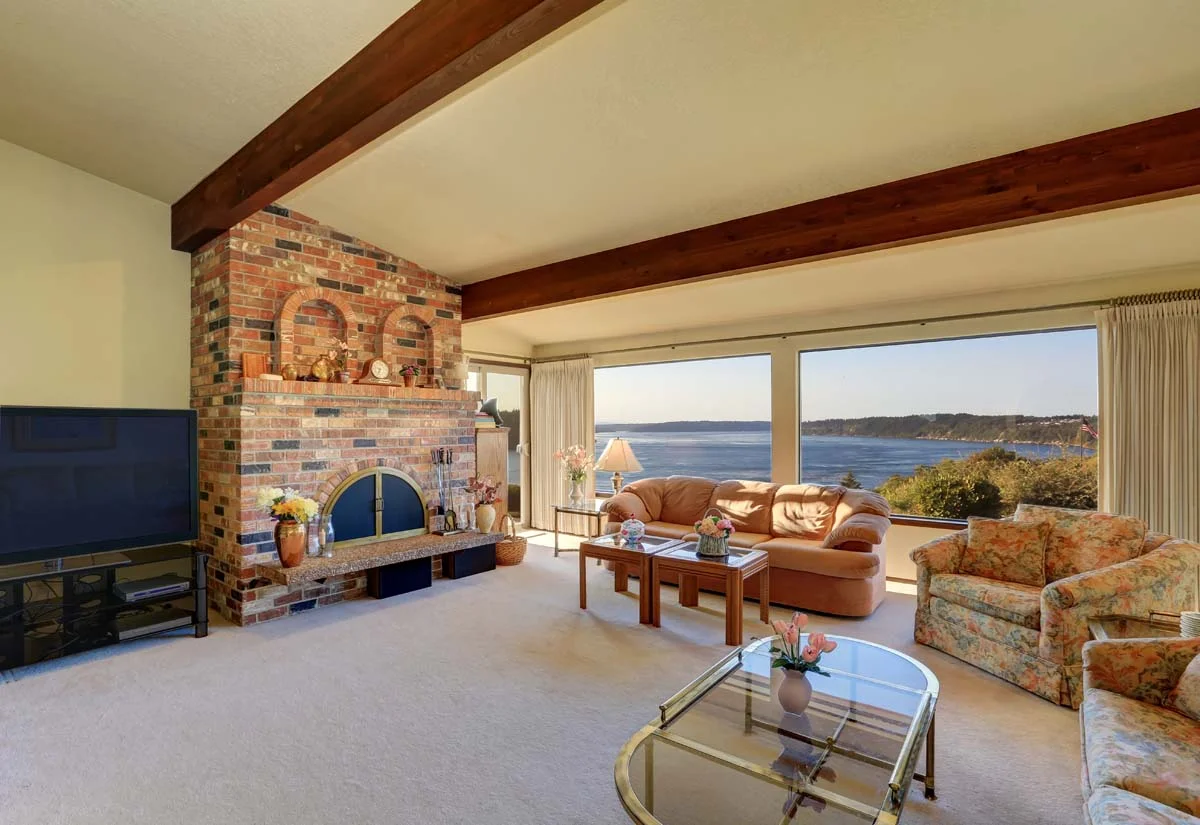 Bright, modern living room interior of a coastal Airbnb property