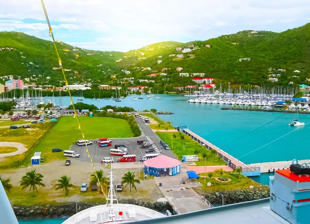 Colorful Caribbean buildings and palm trees in Road Town, Tortola