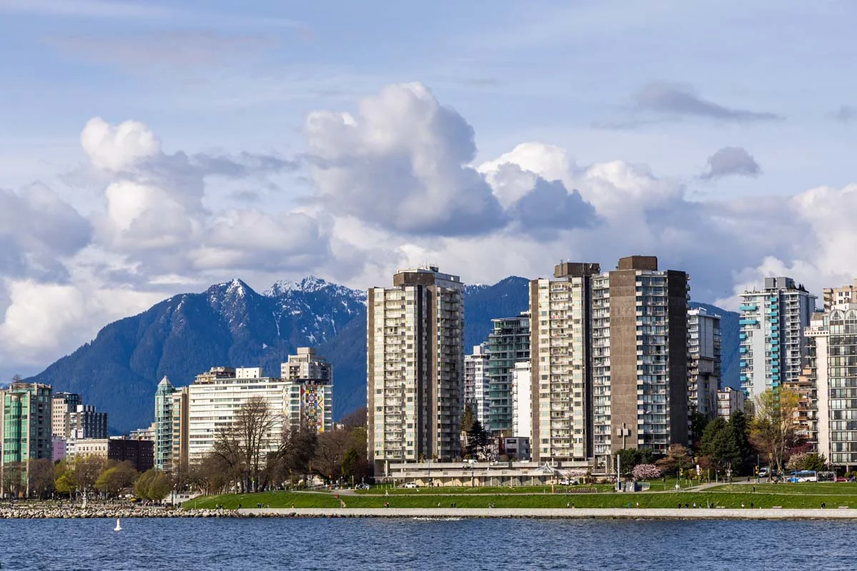 Exterior view of a modern luxury high-rise apartment buildings in downtown Vancouver