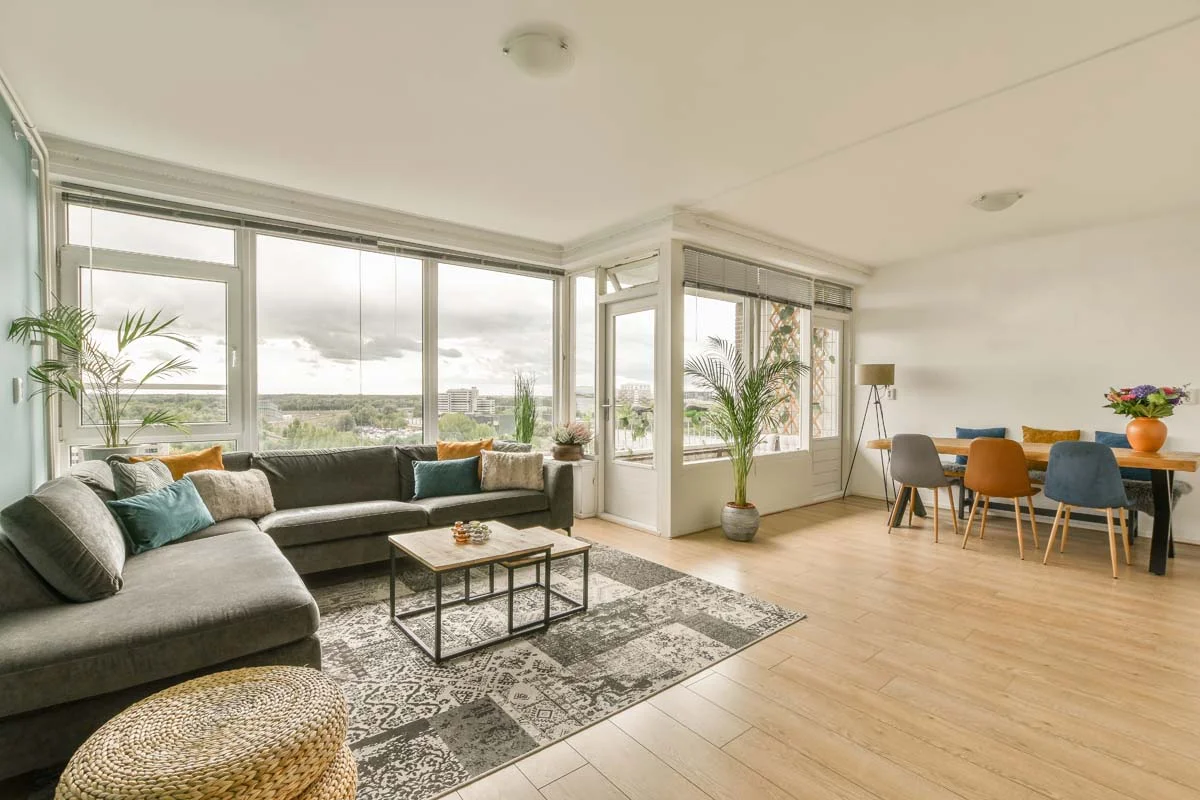 Modern and professionally managed luxury short-term rental interior with a city view