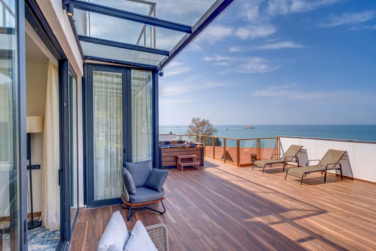 Modern luxury condo with a scenic ocean view