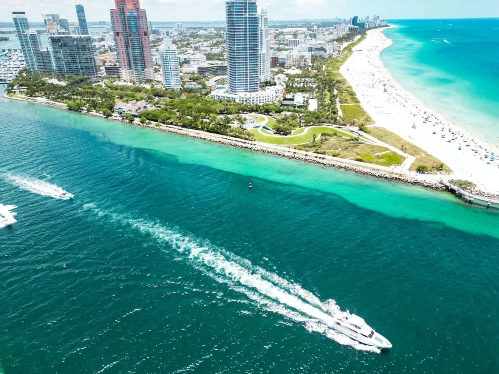 Scenic view of the sunny beach and luxury coastline in Surfside Florida