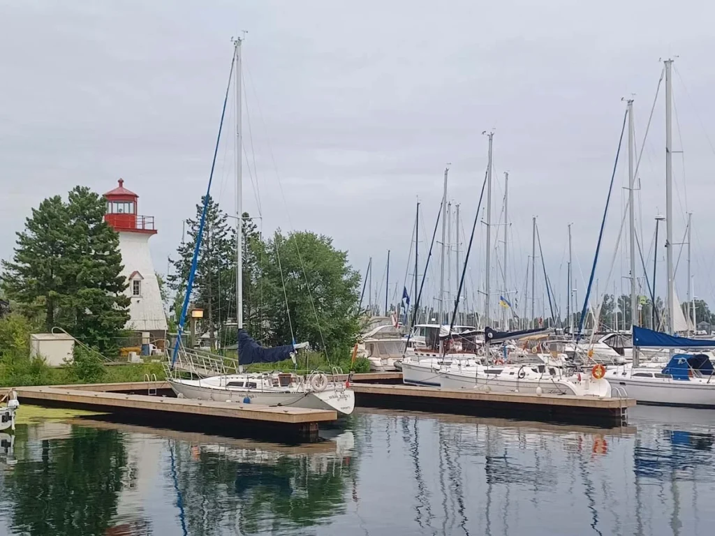 Several white sailboats are docked in a peaceful marina under a cloudy sky