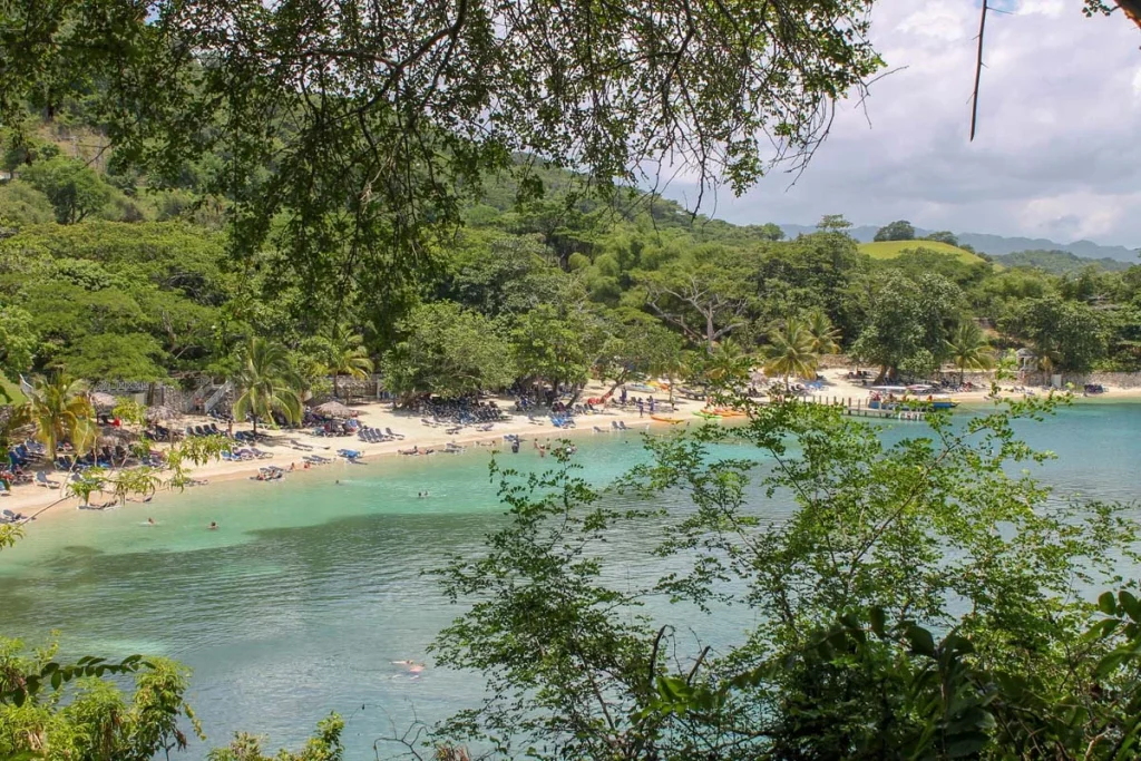 Sunny coastal view of the Jamaica waterfront with trees and blue water