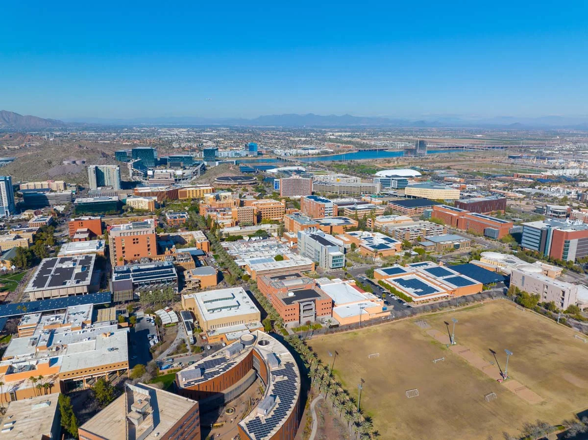 Tempe city downtown and Arizona State University ASU main campus aerial view in city of Tempe, Arizona AZ, USA