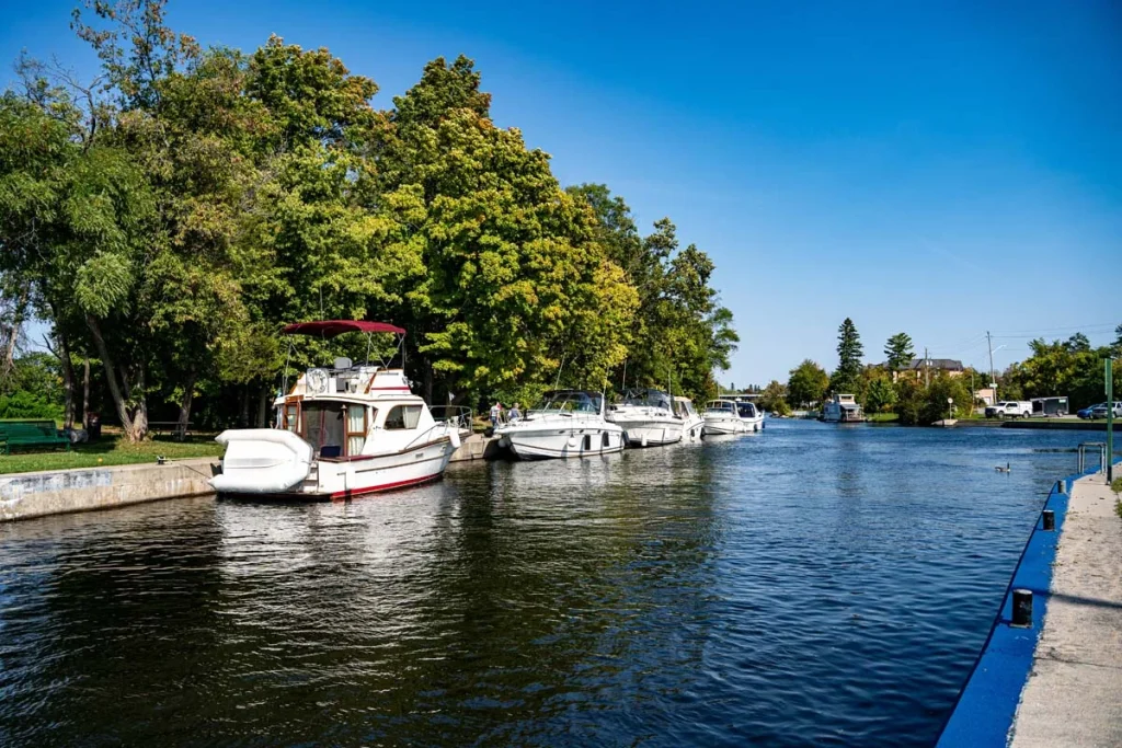 Wide summer view of the Trent-Severn Waterway in Kawartha Lakes, Canada