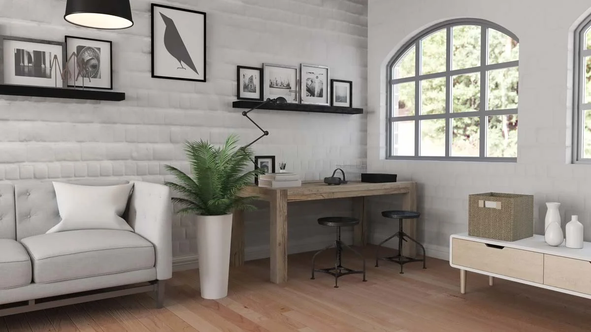 A bright and modern furnished living room with a dedicated workspace