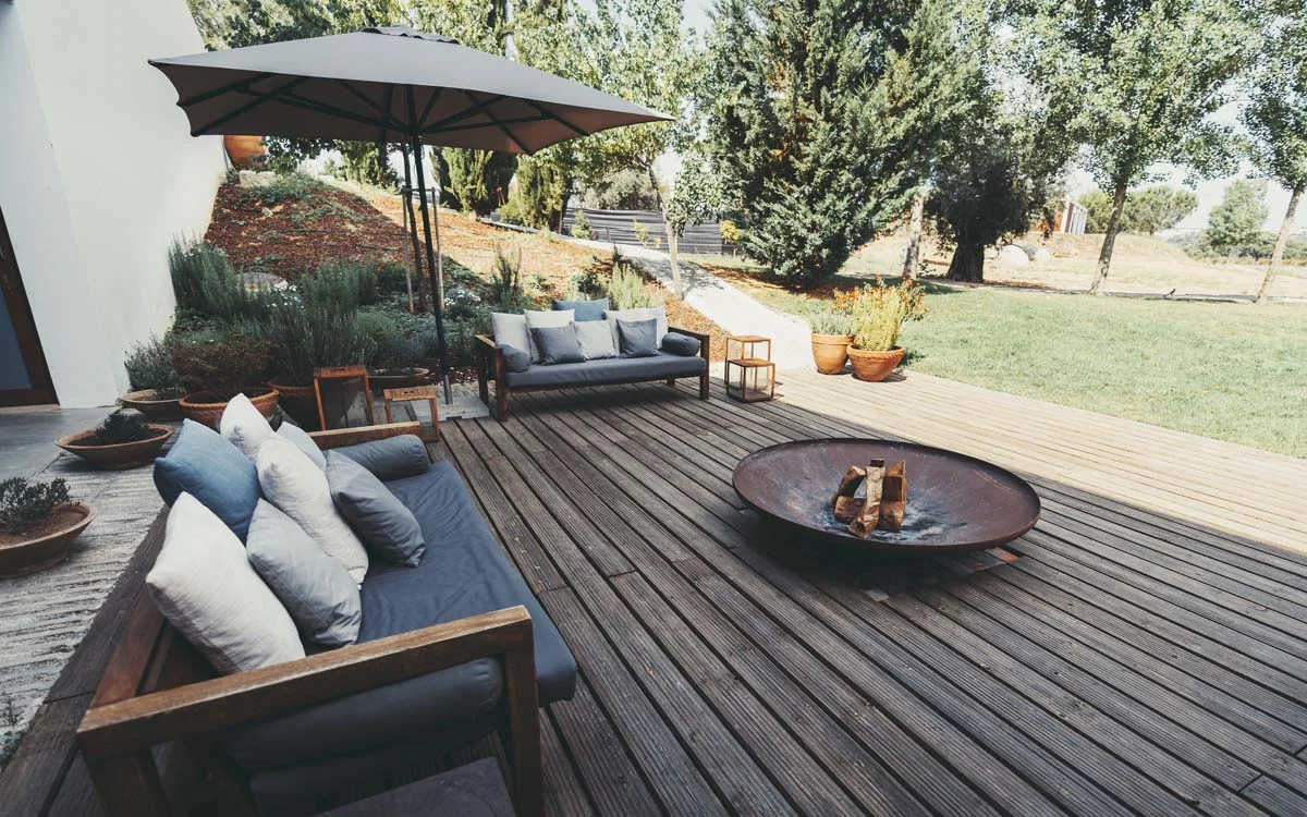 A cozy outdoor seating area with a fire pit for a unique Airbnb in Arizona
