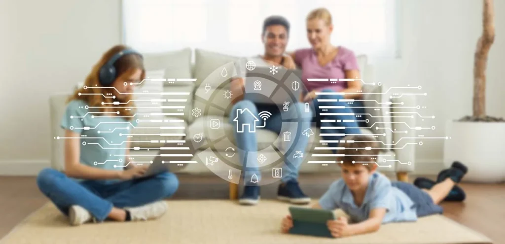 A family using technology and connected devices, surrounded by digital network symbols and IoT interfaces in an Airbnb smart home