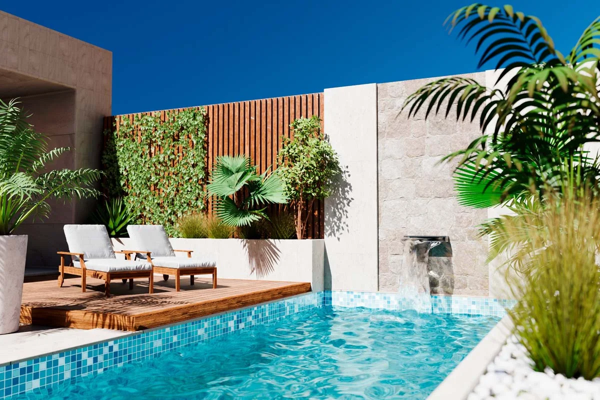 A luxury Airbnb with a pool and modern desert landscaping under a sunny sky