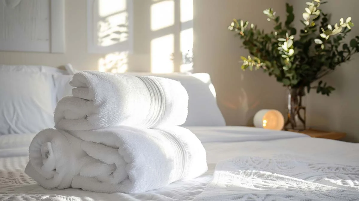 A perfectly made bed with crisp white linens and folded towels in a welcoming rental home