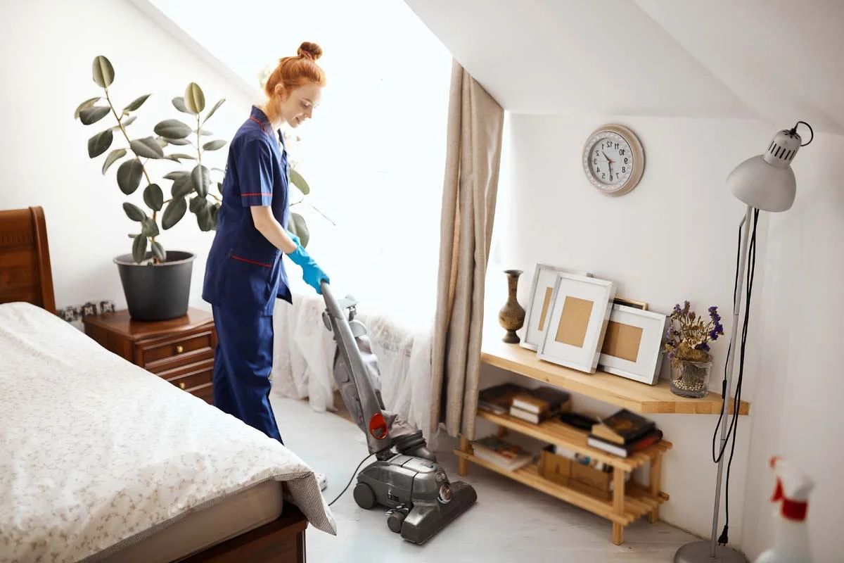 A professionally cleaned and furnished bedroom in a short-term rental property