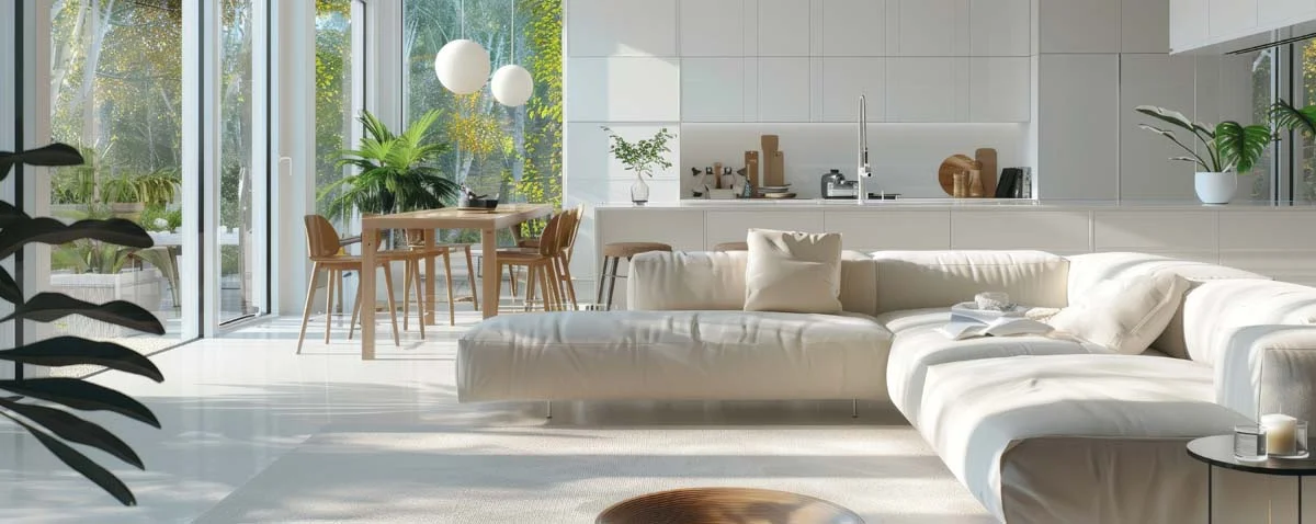 Bright, clean, and beautifully decorated living room interior ready for guests