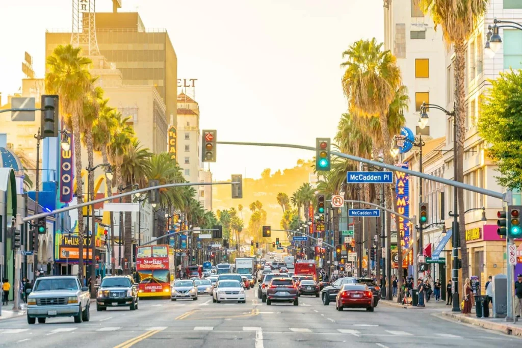 Hollywood, California street view under a clear blue sky representing Los Angeles tourism
