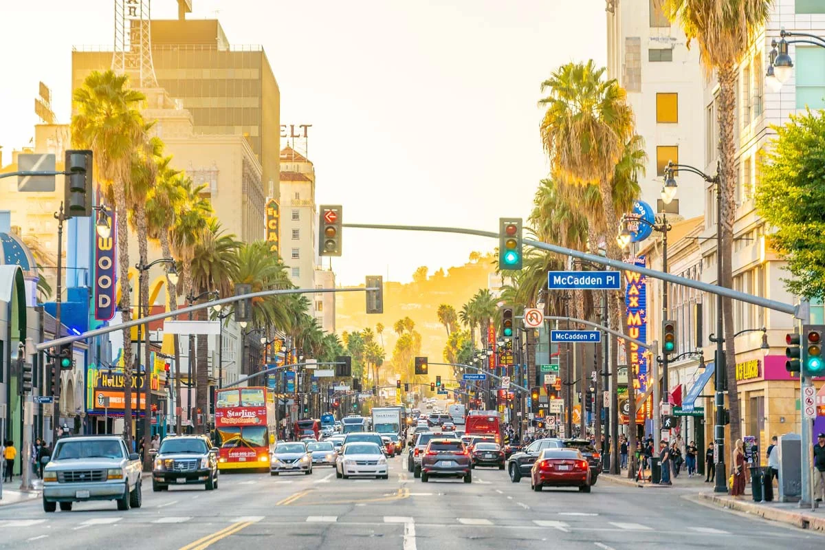 Hollywood, California street view under a clear blue sky representing Los Angeles tourism