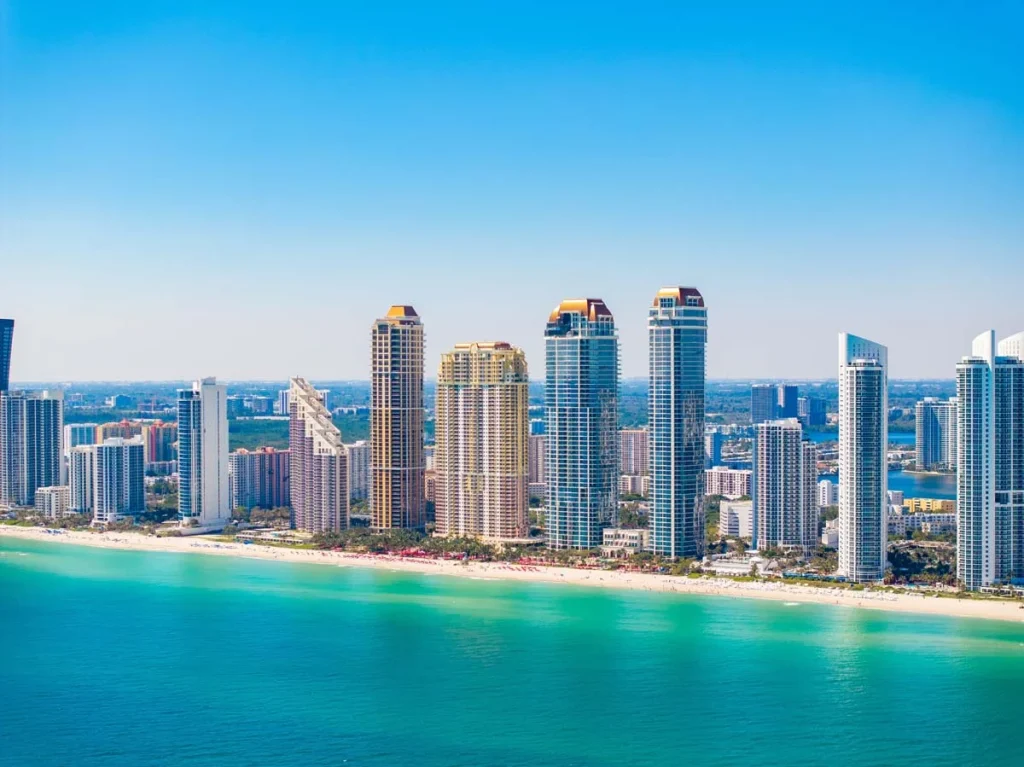 Luxury high-rise condominiums along the coastline of Sunny Isles Beach Florida