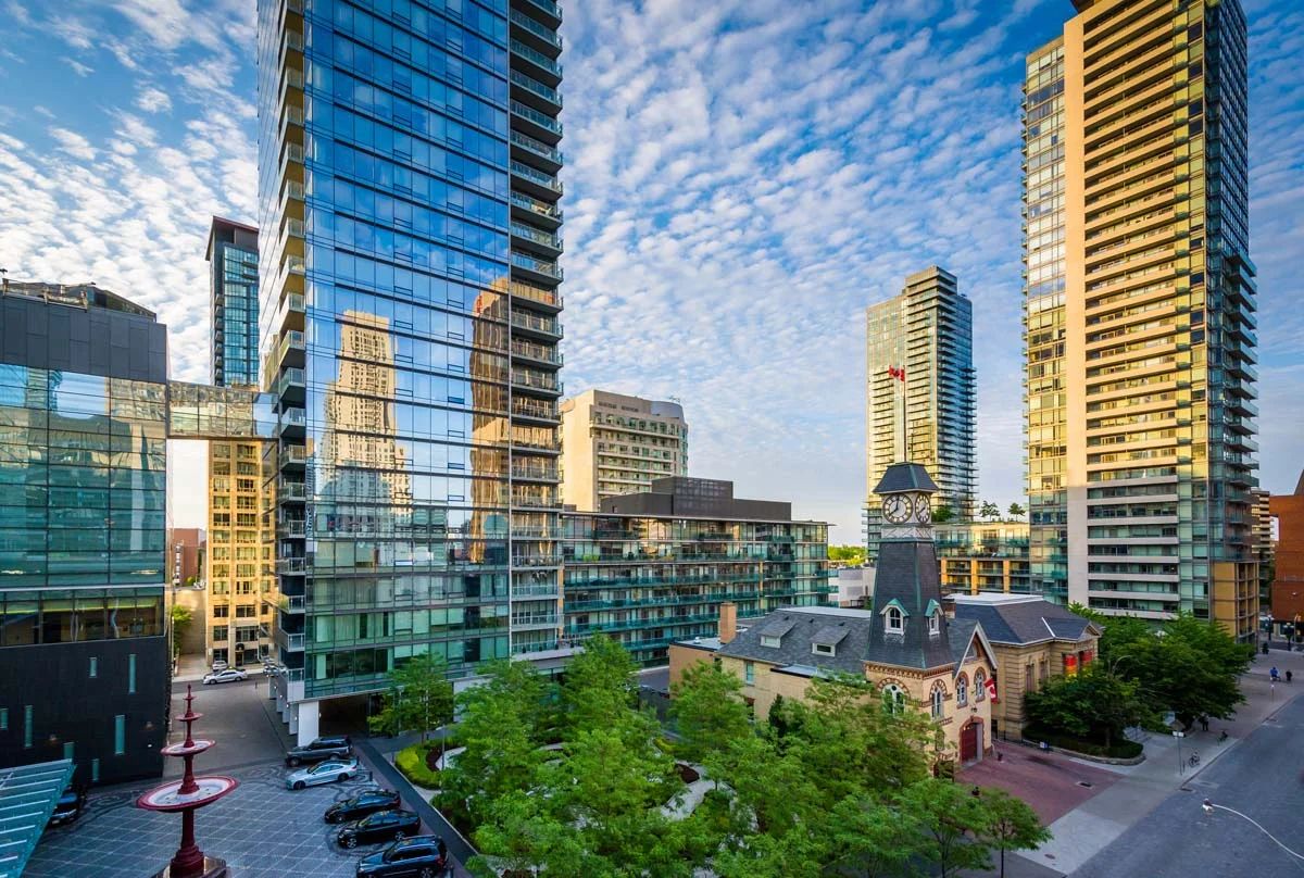 Modern glass buildings and high-rise condominiums in midtown Toronto