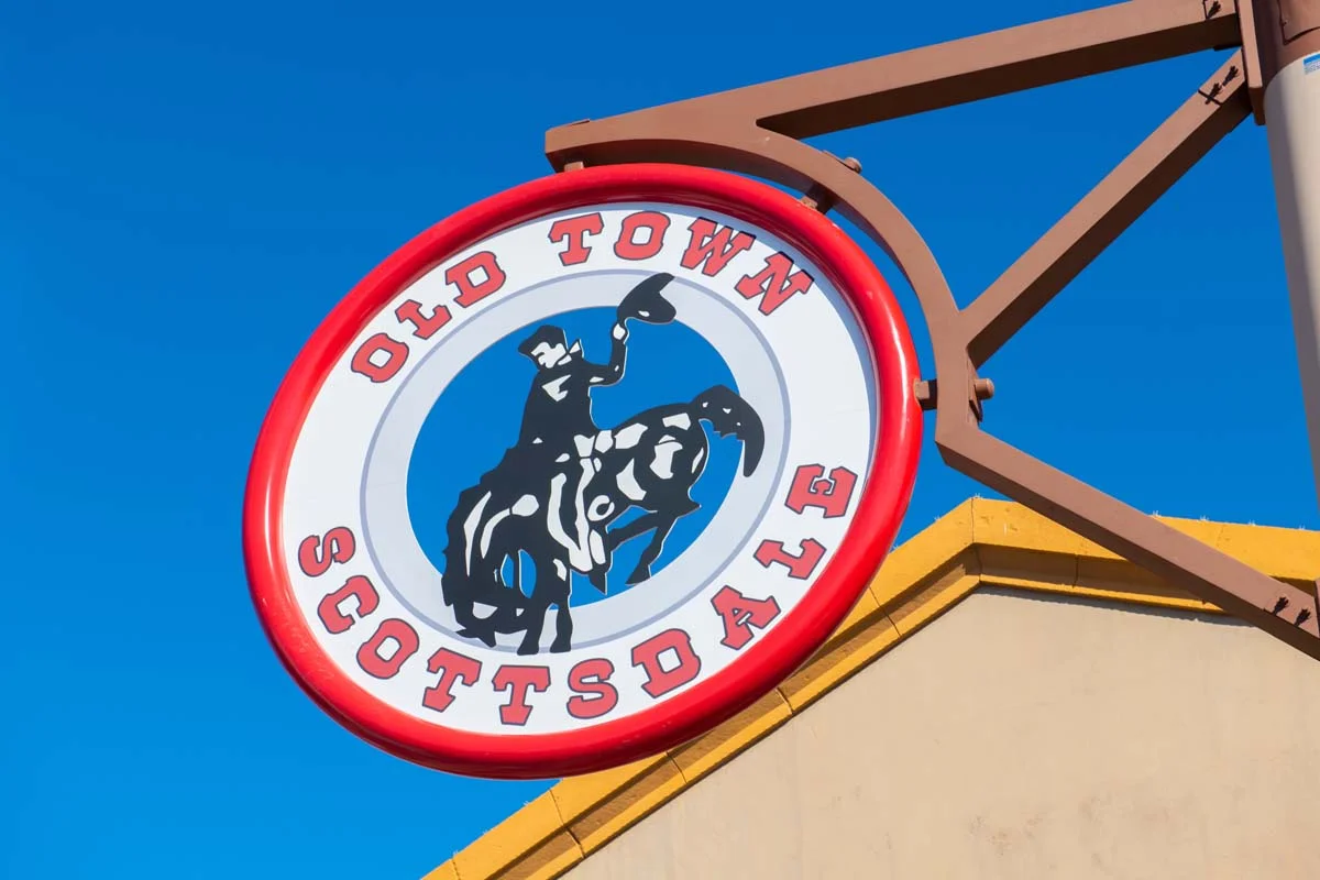 Old Town Scottsdale sign at Main Street in the historic city center, one of the best areas to stay in Scottsdale for tourists