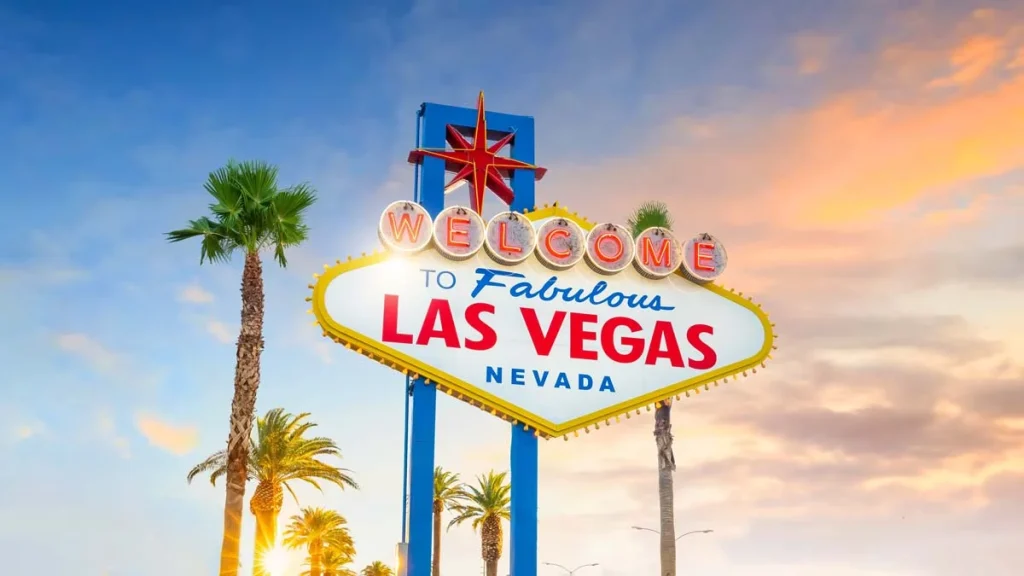 The Welcome to Fabulous Las Vegas sign in Las Vegas, Nevada USA at sunset