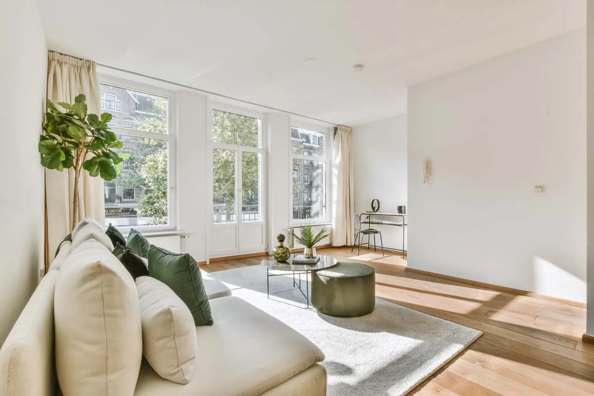 A modern and well-decorated living room in a short term rental property