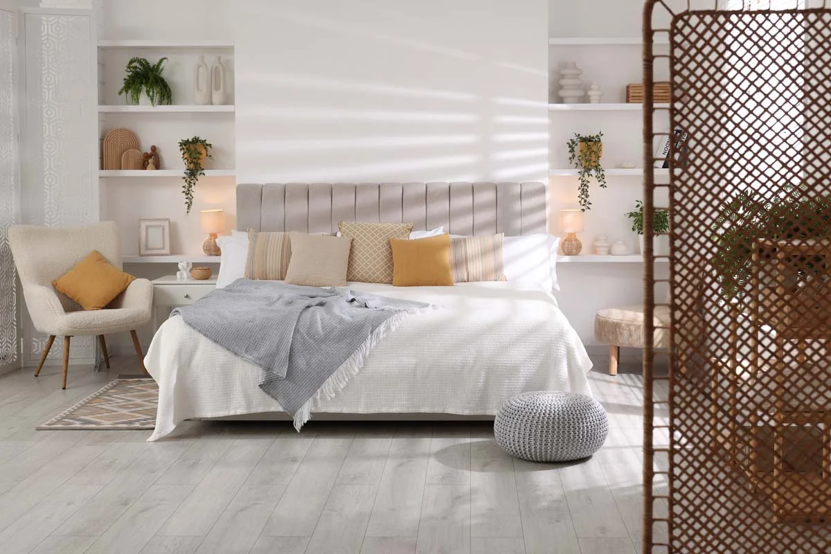 A professionally staged bedroom showing the high standards of Brampton short term rentals