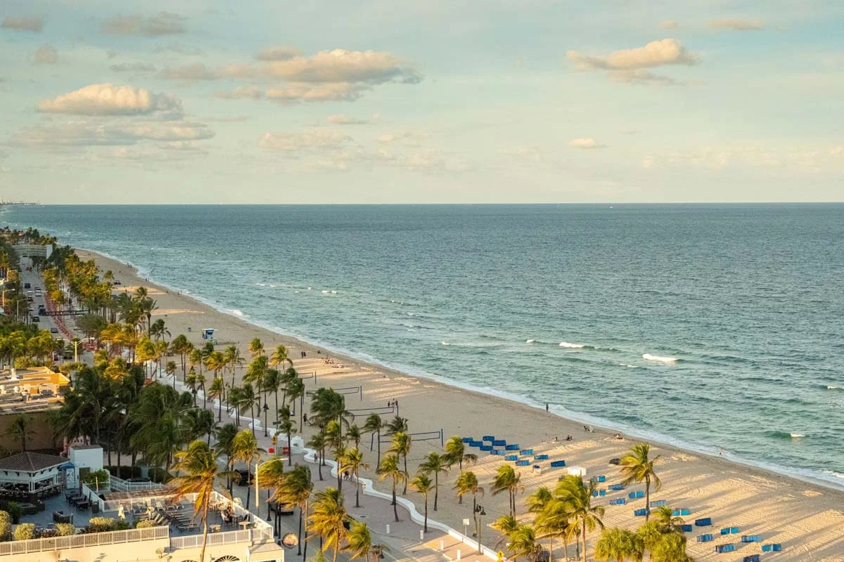 Sunny Fort Lauderdale beach with tall palm trees and turquoise Atlantic Ocean water