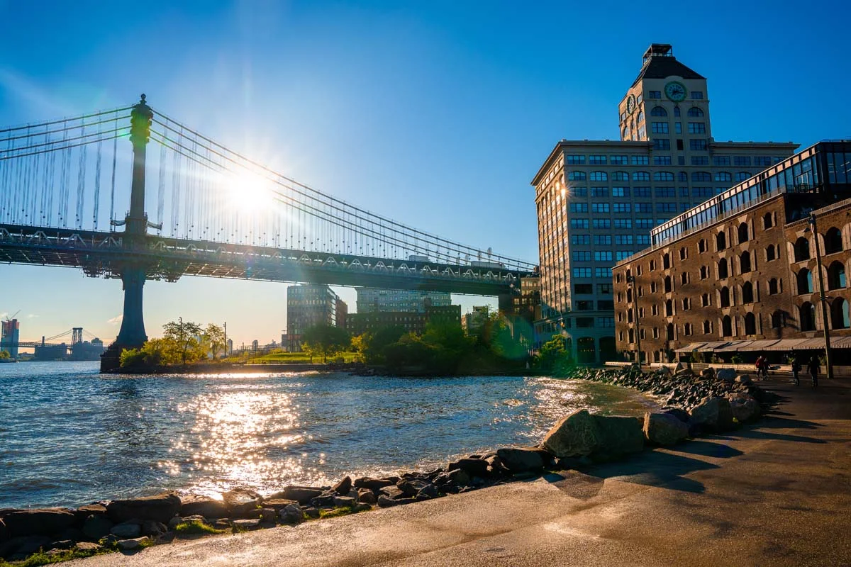The Manhattan Bridge viewed from a cobblestone street in the DUMBO neighborhood of Brooklyn