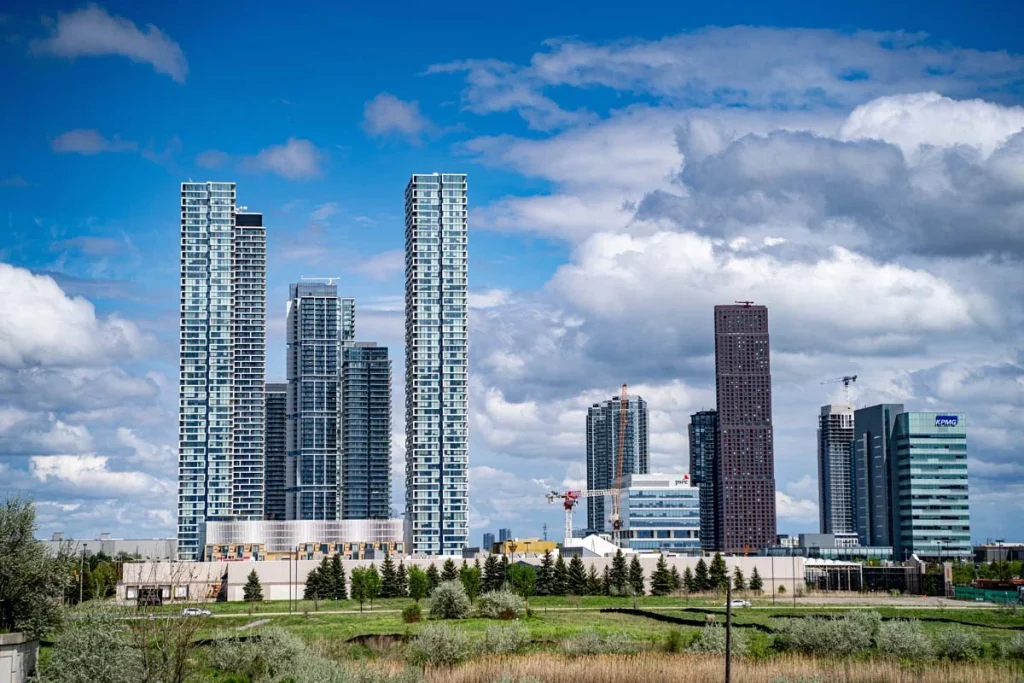 The modern urban skyline of the Vaughan Metropolitan Centre in Ontario
