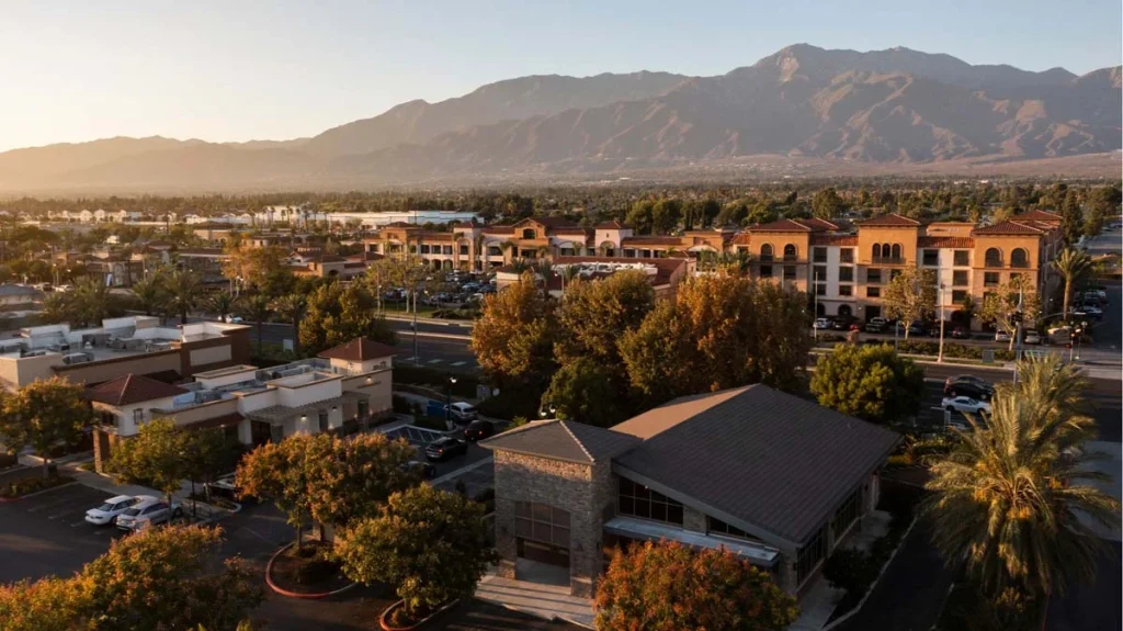 A quiet suburban residential street with modern homes in Rancho Cucamonga, California